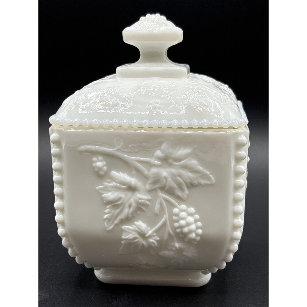 Vintage  Milk Glass Covered Candy Dish Paneled Blackberry Pattern WG Mark
